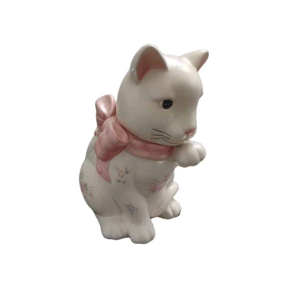 VTG 80s Pfaltzgraff Ceramic Cat Cookie Jar Floral/Bow/Butterfly- some chipping